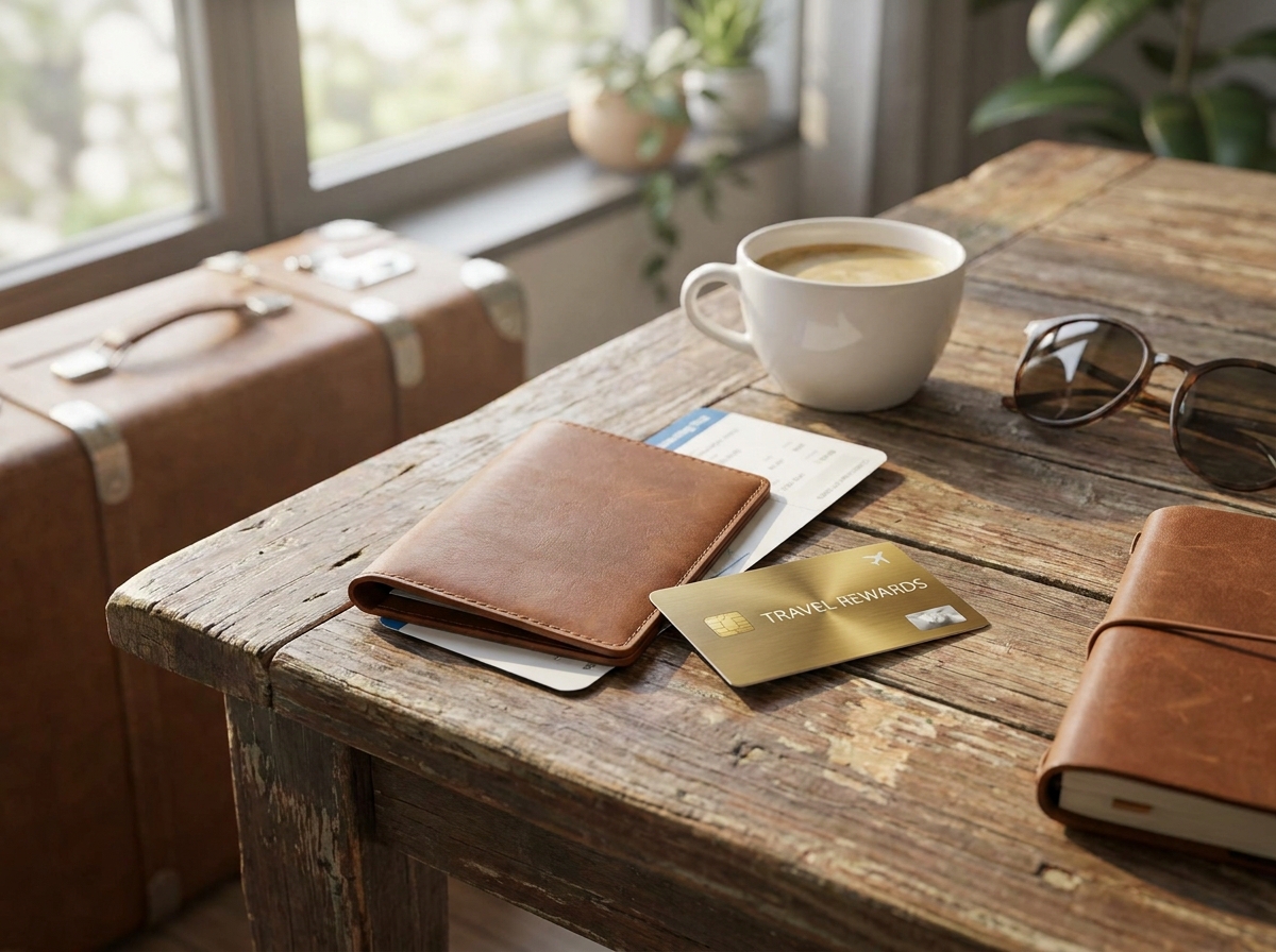 Passport and boarding pass on a wooden surface with a loyalty card showing travel rewards lifestyle