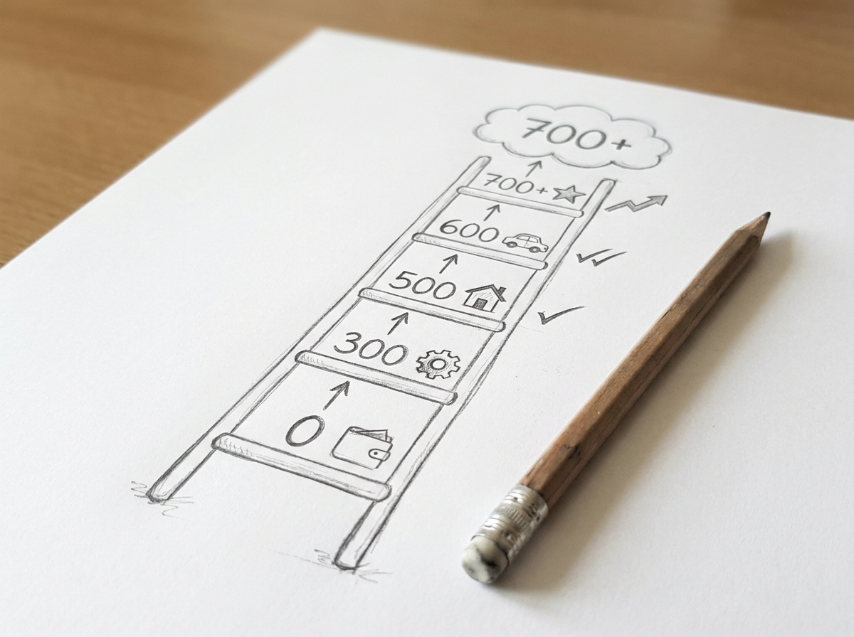 Step-by-step ladder diagram showing credit score milestones from zero to 700 plus