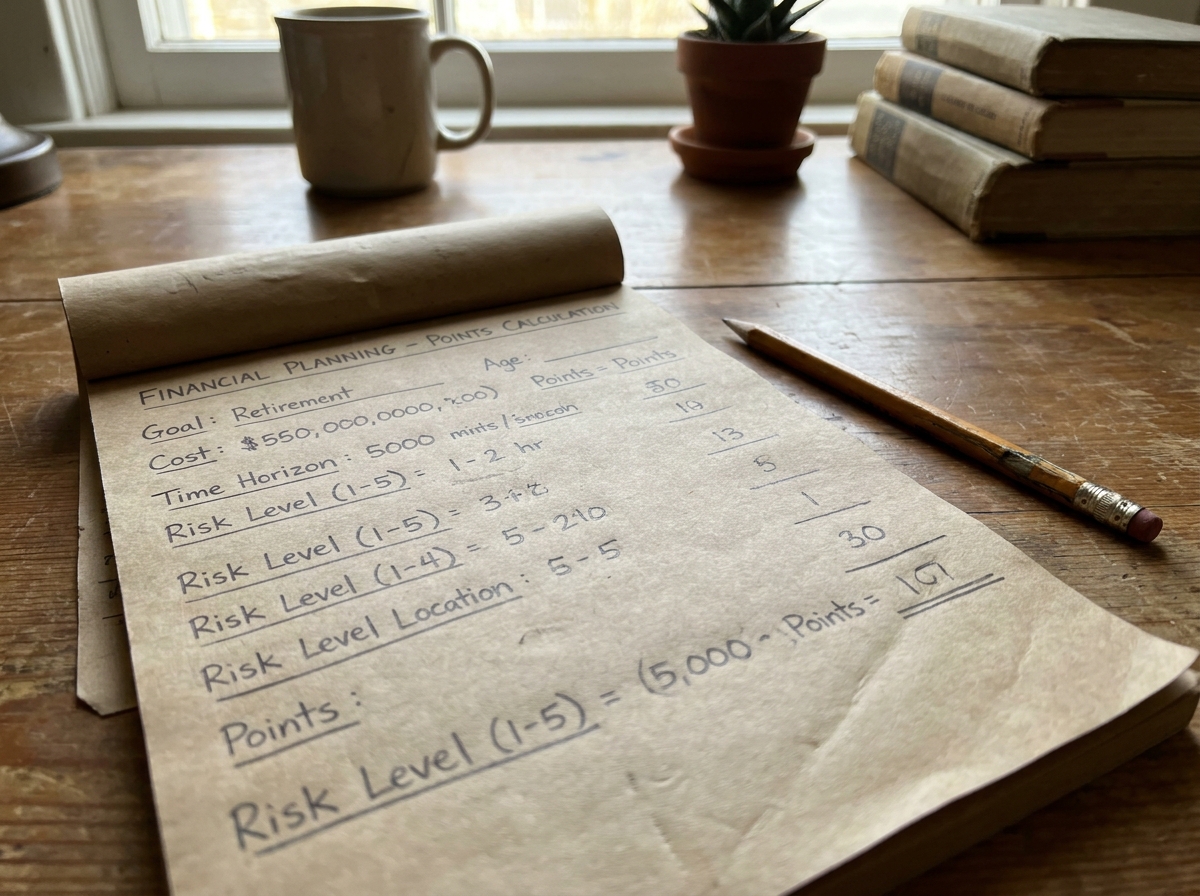 Handwritten points calculation worksheet on a notepad with a pen beside it on a clean desk