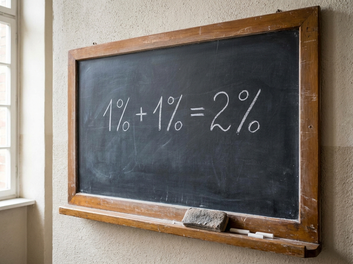 Simple chalk equation showing one percent plus one percent equals two percent cash back on a dark board