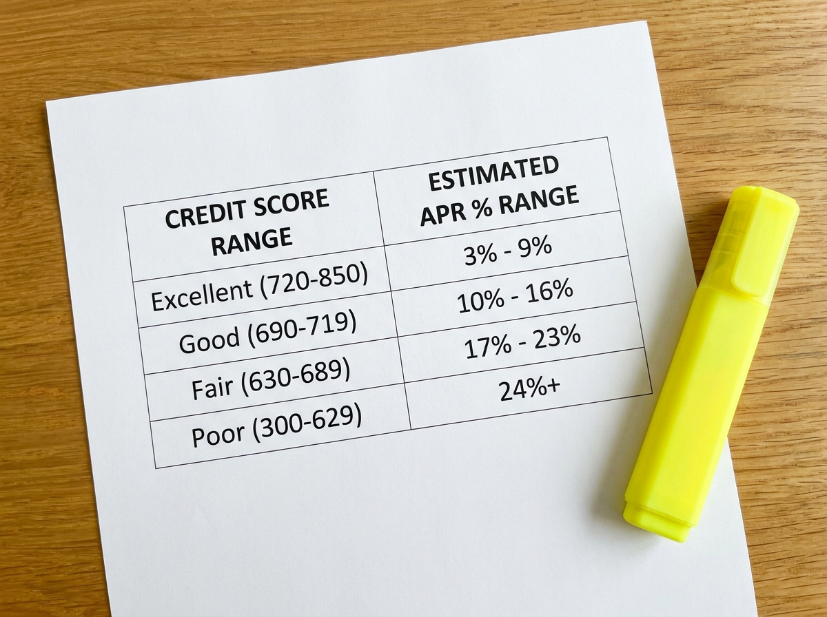 Clean table showing credit score ranges alongside corresponding APR percentage ranges on white paper