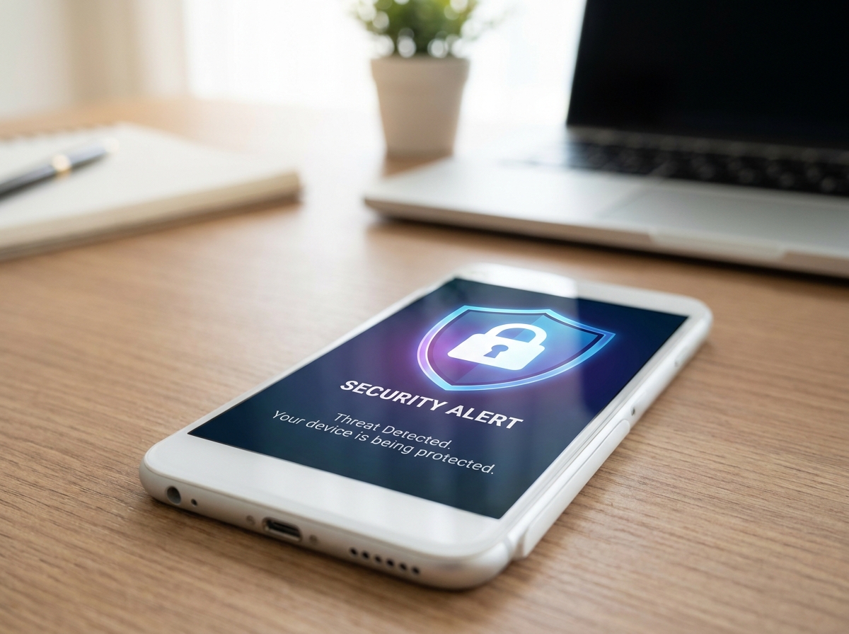 Smartphone screen showing a security alert notification with a lock and shield icon on a clean desk