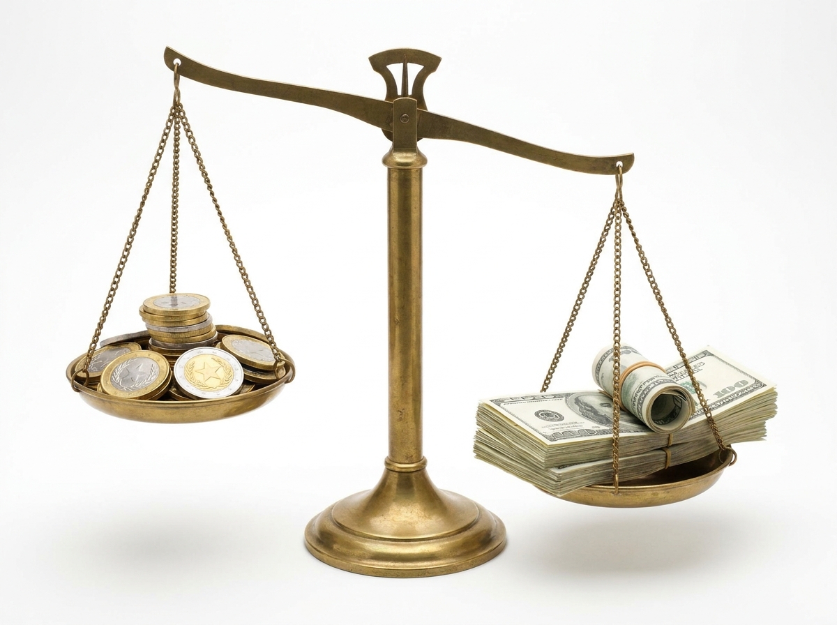 Balance scale with reward coins on one side and dollar bills representing fees and overspend on the other side