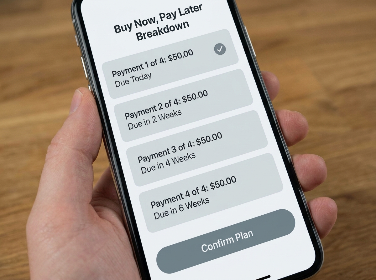 Smartphone screen showing a generic buy now pay later installment payment breakdown into four equal amounts