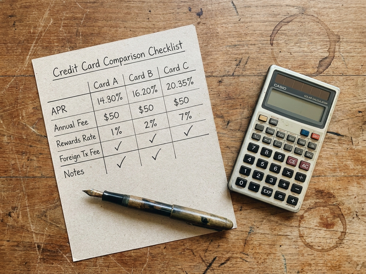 Credit card comparison checklist with pen and calculator on a desk