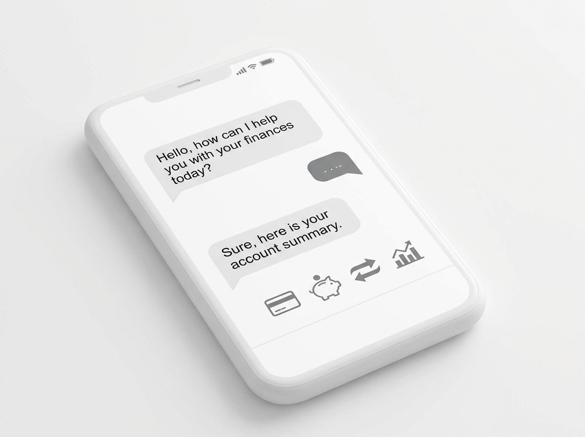 Generic smartphone screen showing a clean AI chatbot banking interface with simple icons