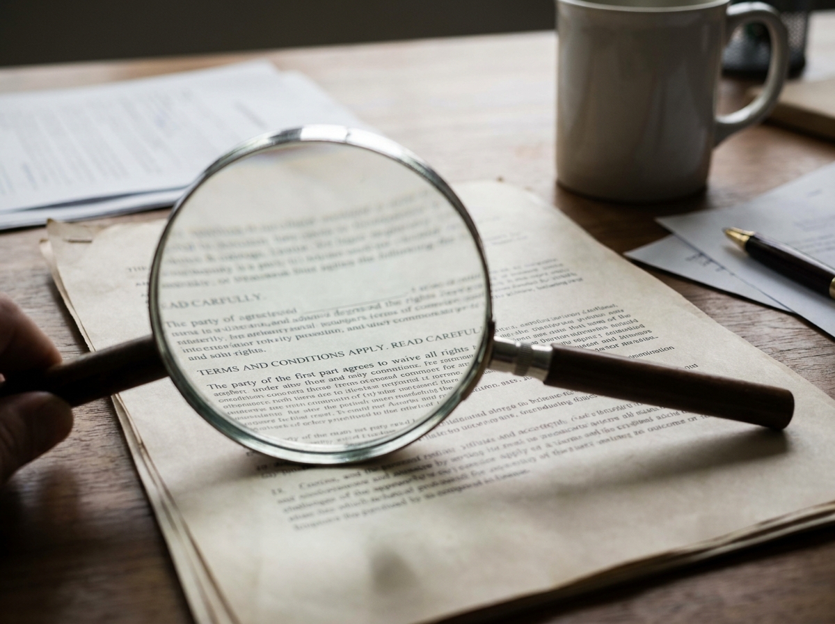 Magnifying glass focused on fine print text in a credit card agreement document