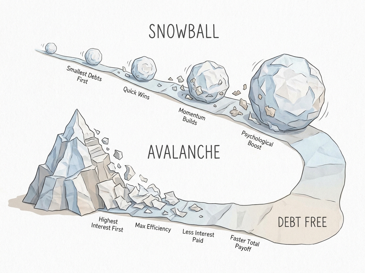 Snowball and avalanche debt payoff strategies illustrated as two diverging paths on paper