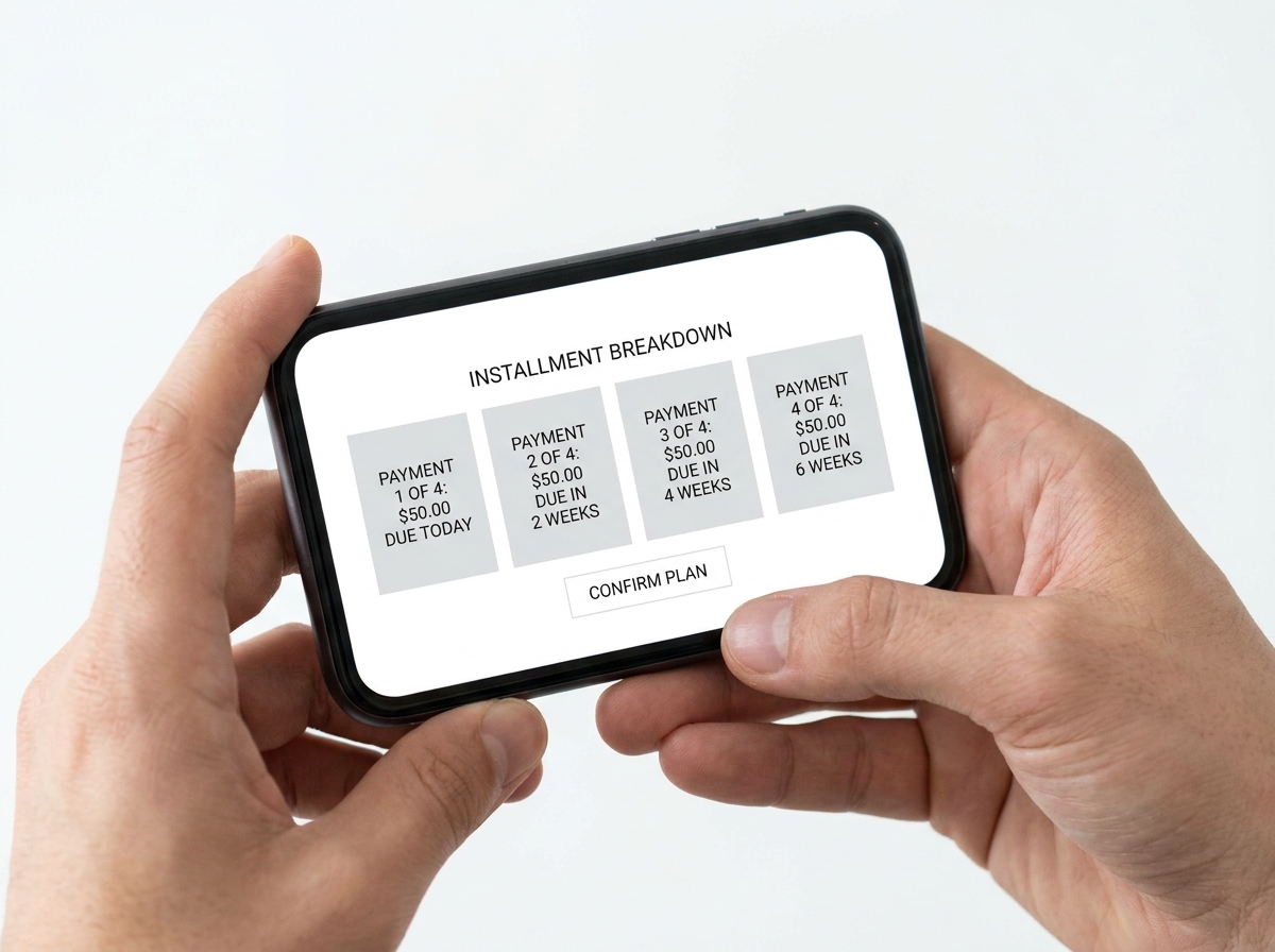 Hands holding a phone showing a buy now pay later installment breakdown with four equal payment blocks