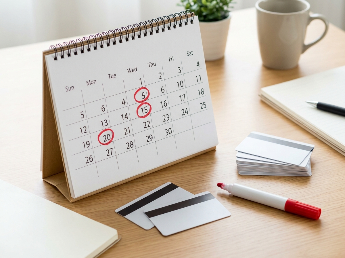 Desktop calendar with multiple payment due dates circled in red beside several credit cards on a clean desk