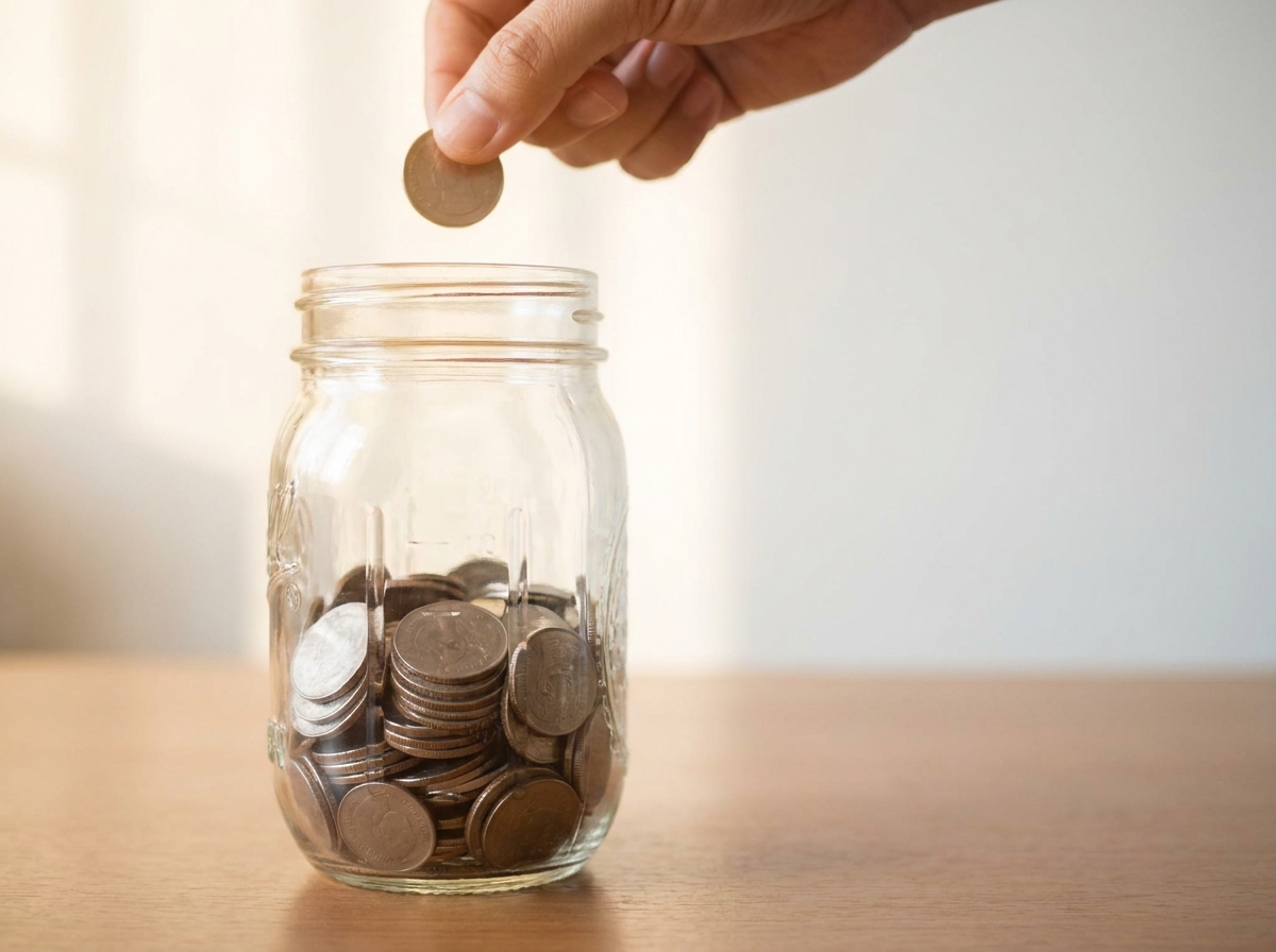 Glass savings jar being filled with coins on a clean white background with soft focus